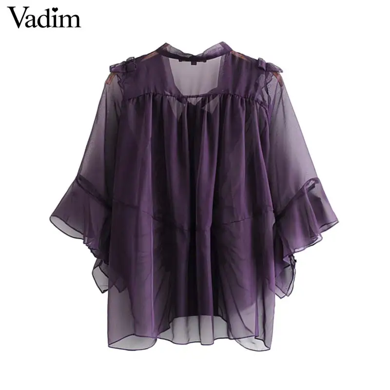 Vadim women stylish solid V neck blouse ruffles bow tie mesh transparent three quarter sleeve female summer wear tops DA405 |