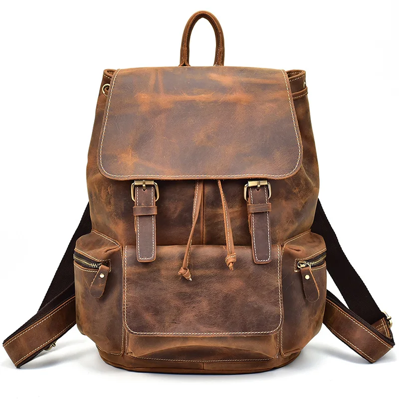 100% Genuine Leather Men Backpacks Crazy Horse Real Natural Leather Student Backpack Boy Luxury Brand Business Laptop School Bag