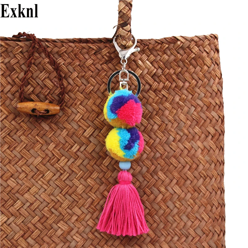 

Exknl Brand Tassel Cute Key Chain Women Metal Keyring Rabbit Fur Pom Car Key Keychain Accessories Boho Keyholder Fashion Gift
