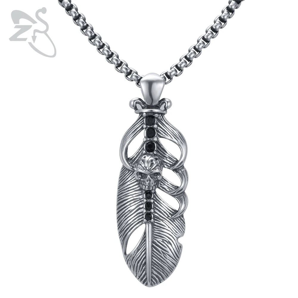 

ZS Gothic Feather Pendant Necklace 316L Stainless Steel Skull Neckalces Punk Rock Pendants Hot Sale Hip Hop Jewelry for Men