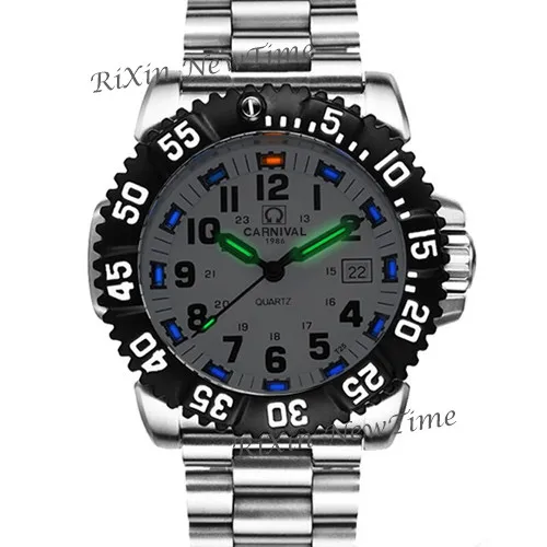 Silver white steel Топ бренд класса люкс Тритий Светящиеся кварцевые часы для мужчин водонепроницаемые спортивные мужские часы полностью стальные часы тритий светильник uhren damen saat - Цвет: Silver white steel