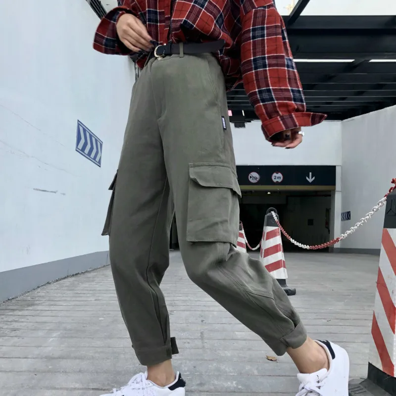 Twojstyle Women High Waist Black Cargo Pants Elastic Harem Loose Pockets Hip Hop Trousers Cotton Sweatpants Bottom | Женская одежда