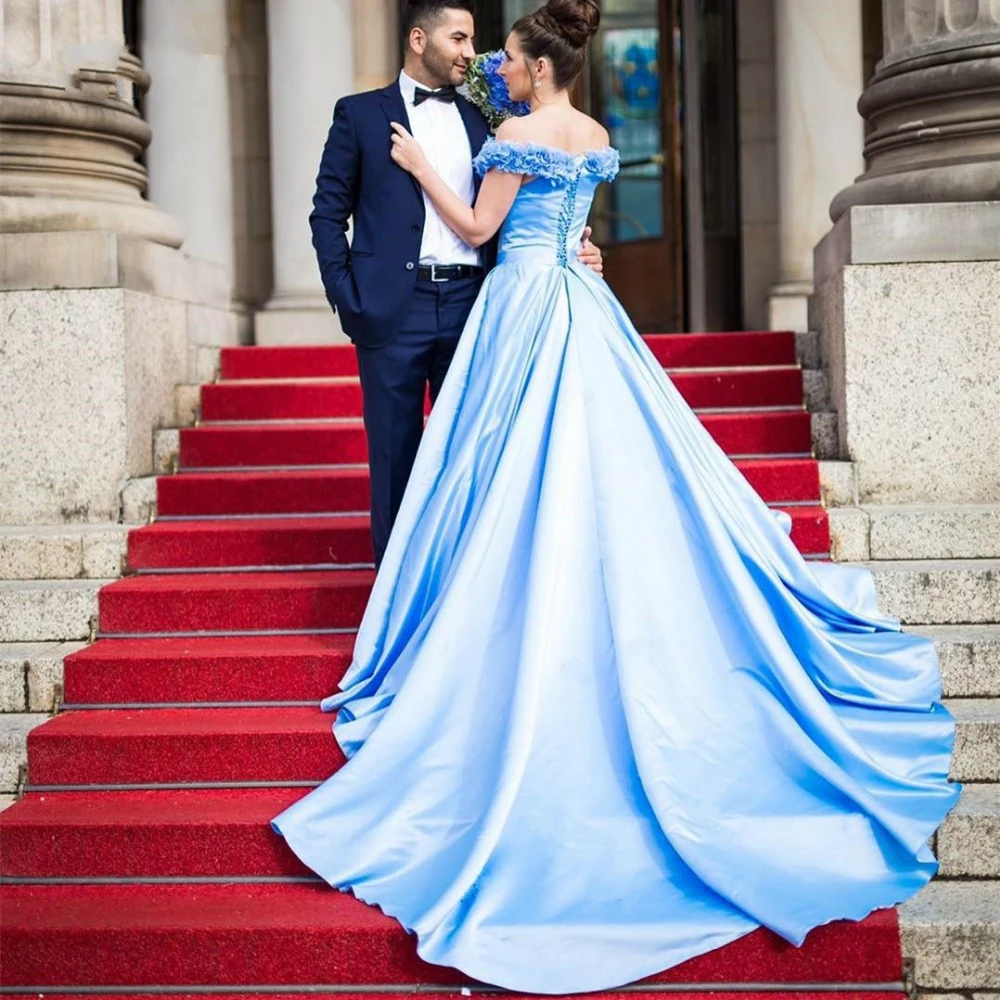 Свадебные платья с вырезом лодочкой элегантные Vestido De Noiva с открытыми плечами цветы атласная линия Часовня Поезд синее свадебное платье