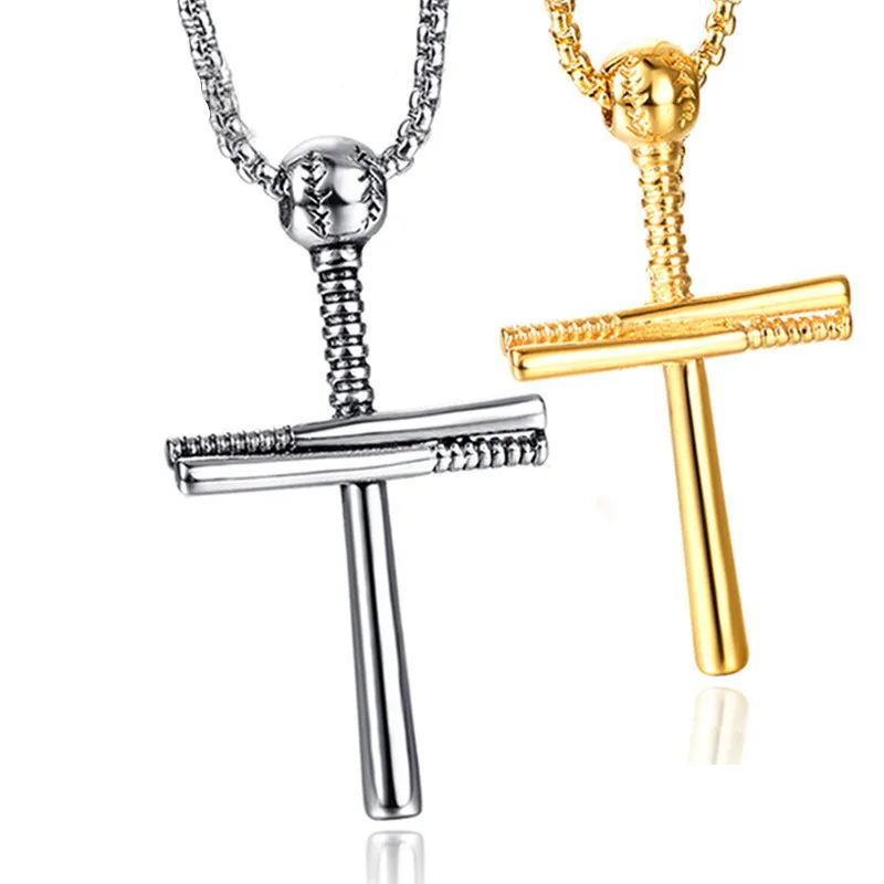

Baseball Player And Stacked Baseballs Bat Cross Pendant Necklace Stainless Steel Faith Male Jewelry CX49