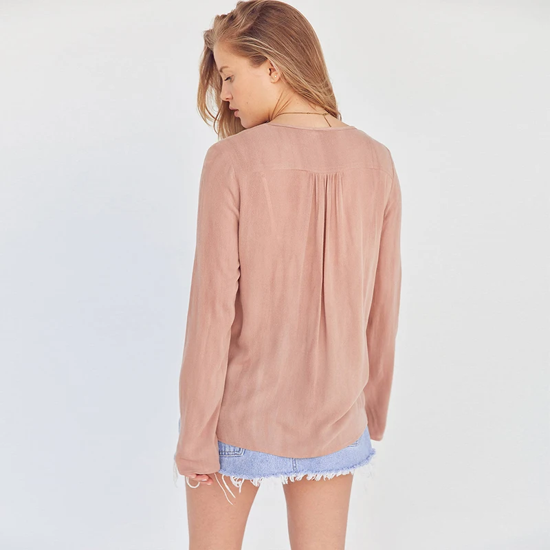 HDY Haoduoyi Apparel Solid Color Deep V neck Hollow Out Sexy Women Shirts Full Sleeve Lace up Ruched Tops Loose Casual Blouses|casual blouse|women