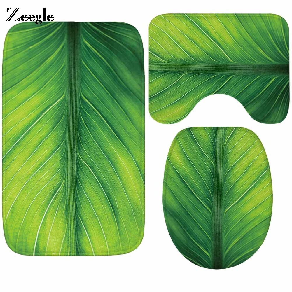 Фланелевые 3 шт. Набор ковриков в ванную из микрофибры с зелеными листьями узором