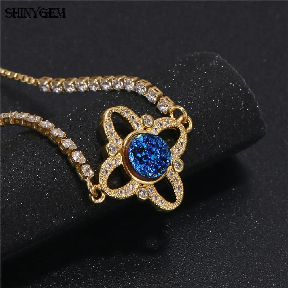 ShinyGem кристалл клевер браслет натуральный круглый Друза камень Регулируемая
