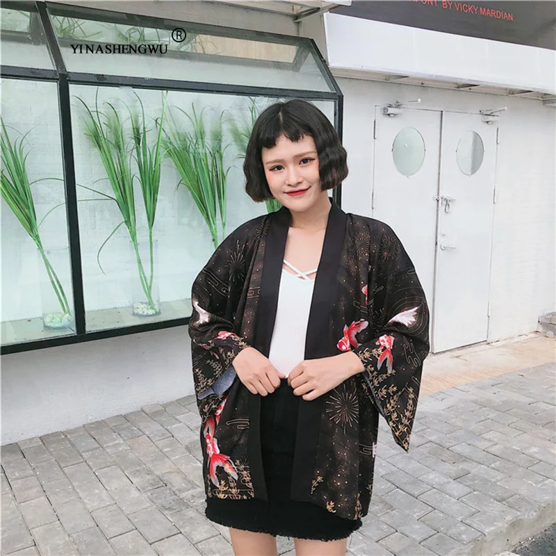 Кимоно для косплея Haori с принтом золотой рыбки, кимоно, кардиган, верхняя одежда, Солнцезащитная блуза, Harajuku, Азия, японская традиционная юката для женщин