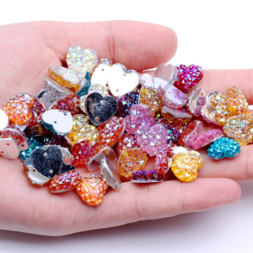 

12mm 40pcs Heart Shape AB Colors Flatback Resin Rhinestones Gems With 2 Holes Sew On DIY Scrapbooking Craft Jewelry Decoration