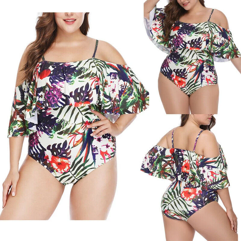 Plus Size Women One Piece Monokini Padded Bikini Floral Print Ruffle Swimwear Beach Off Shoulder Swimsuit Bathing | Спорт и
