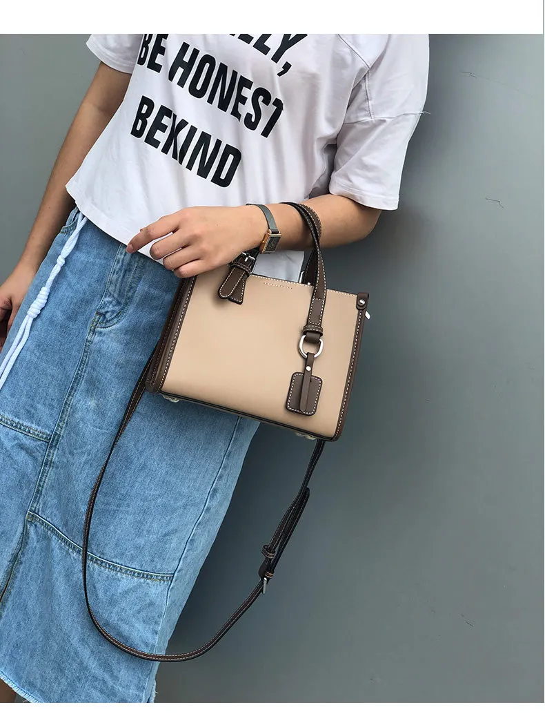 Color Blocking Daily Purse OL Business Tote Bag Genuine Leather Women's Shoulder Bag Small Top-handle Handbag