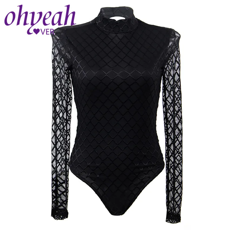 Ohyeahlover боди для женщин с длинным рукавом черные сексуальные боди комбинезоны из прозрачной сетки топы с высоким воротом облегающий короткий комбинезон RM80752