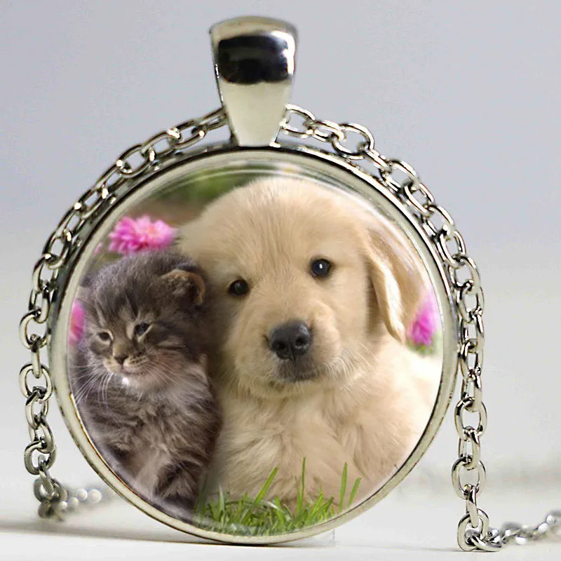 Длинная подвеска с логотипом влюбленных собак и кошек ожерелье в винтажном стиле