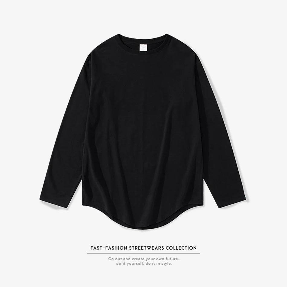 5 Color New Tide Cotton Oversize Men's T-shirt Round Neck Long Sleeve Curved Hem Loose T Shirts Black White High Street T-Shirts | Мужская