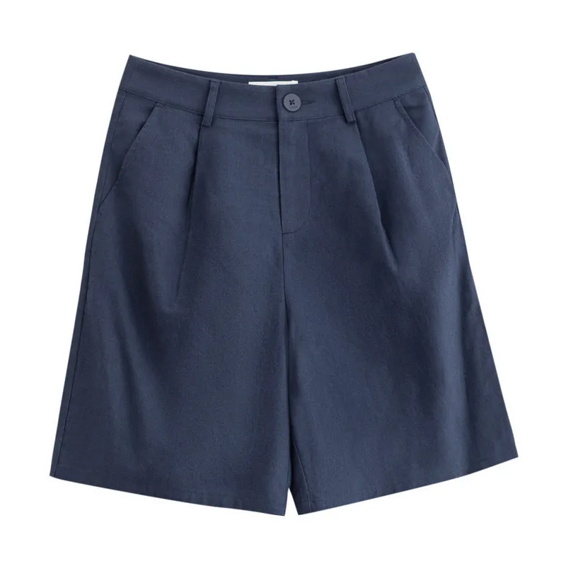 Navy Bule INMAN, лето, Новое поступление, однотонные, льняные, хлопковые, средняя талия, минимализм, универсальные, литературные, повседневные, женские короткие штаны - Цвет: Navy Bule