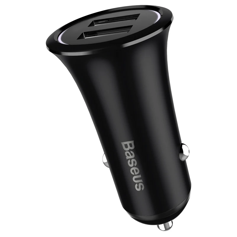 Baseus металлический двойной USB Автомобильное зарядное устройство для iPhone samsung S10 Xiaomi Mi 9 Светодиодный светильник Быстрая зарядка для мобильного телефона - Тип штекера: Black