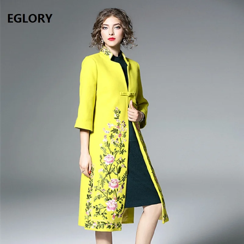 

Top Quality Brand New 2018 Winter Wool Long Jackets Women Luxurious Embroidery Single Button Coat Female Vintage Wool Coat XXXL