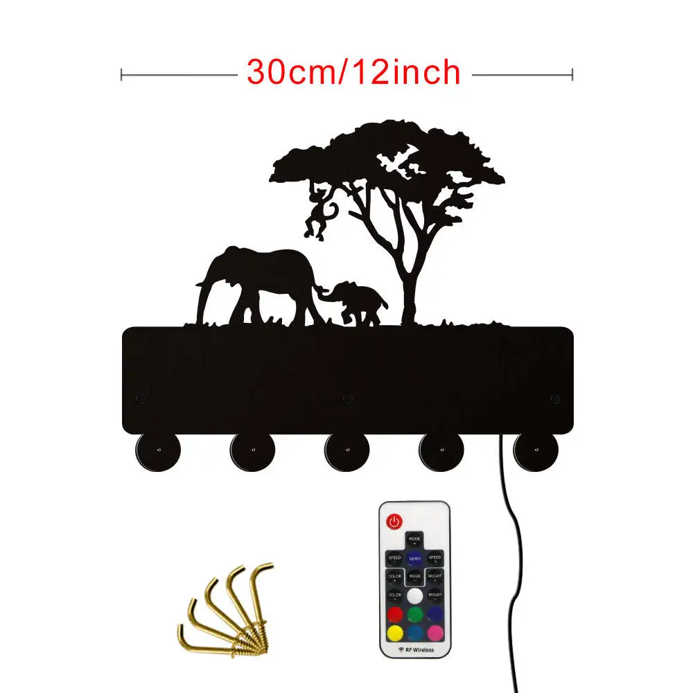 

Elephant Family Household Decor Multi-color LED Lighted Hook Wall Coat Keys Holder Bags Clothes Rack Climbe The Tree Monkey Hook