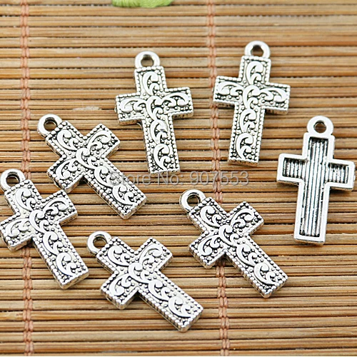 

100pcs tibetan silver tone floral cross charms EF1903