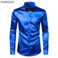 royal blue silk dress shirt men chemise 2019 satin smooth men party prom shirt busienss wedding male casual shirt with bow tie