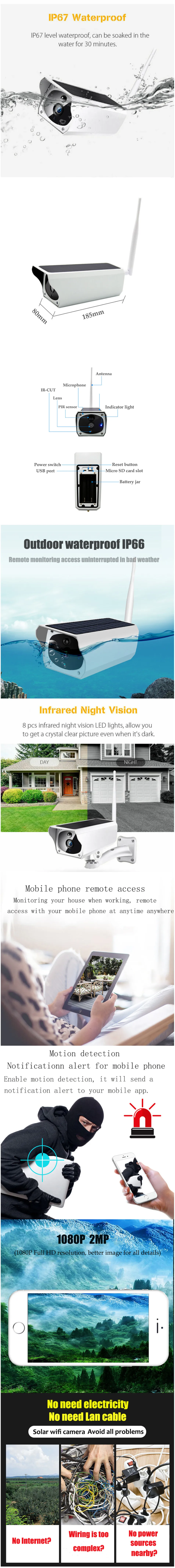 1080P ip-камера на солнечной батарейке 2MP беспроводная Wi-Fi камера видеонаблюдения Водонепроницаемая IP67 наружная камера ИК ночного видения камера с питанием от солнечной батареи