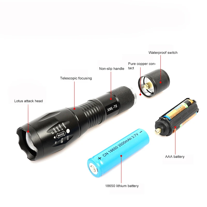 Светодиодный фонарь Lampe de pocket водонепроницаемый перезаряжаемый аккумулятор 18650
