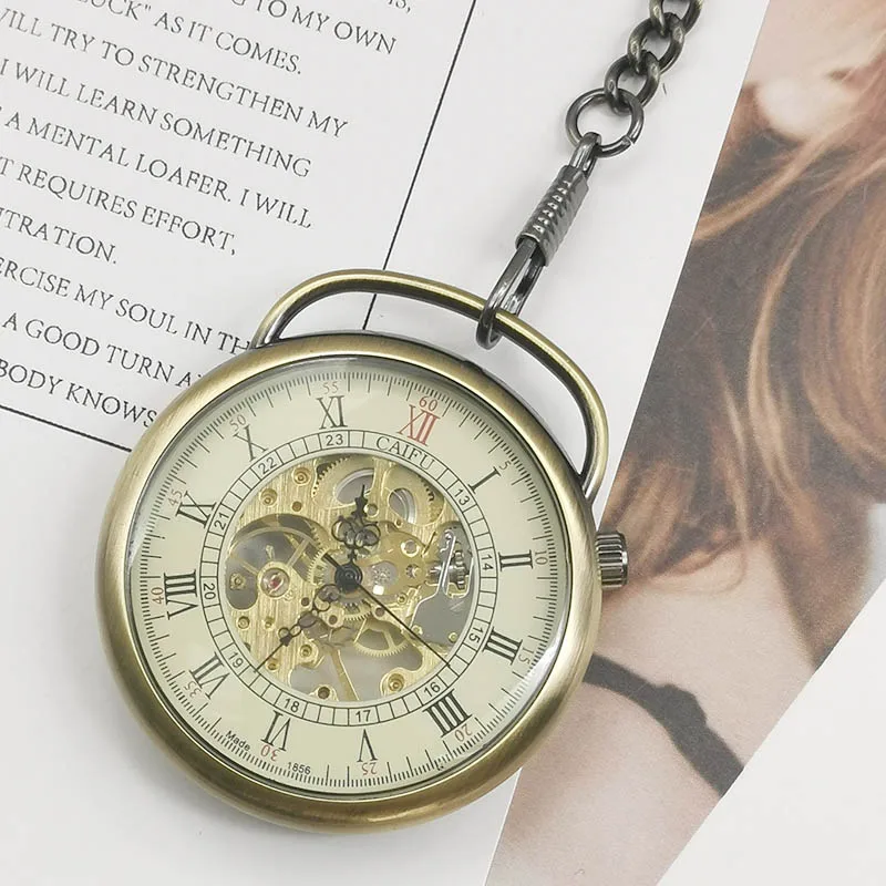 Top Brand Vintage Watch Necklace Skeleton Dial Mechanical Fob Pocket Watch Clock Pendant Men Women Chain Best Gift