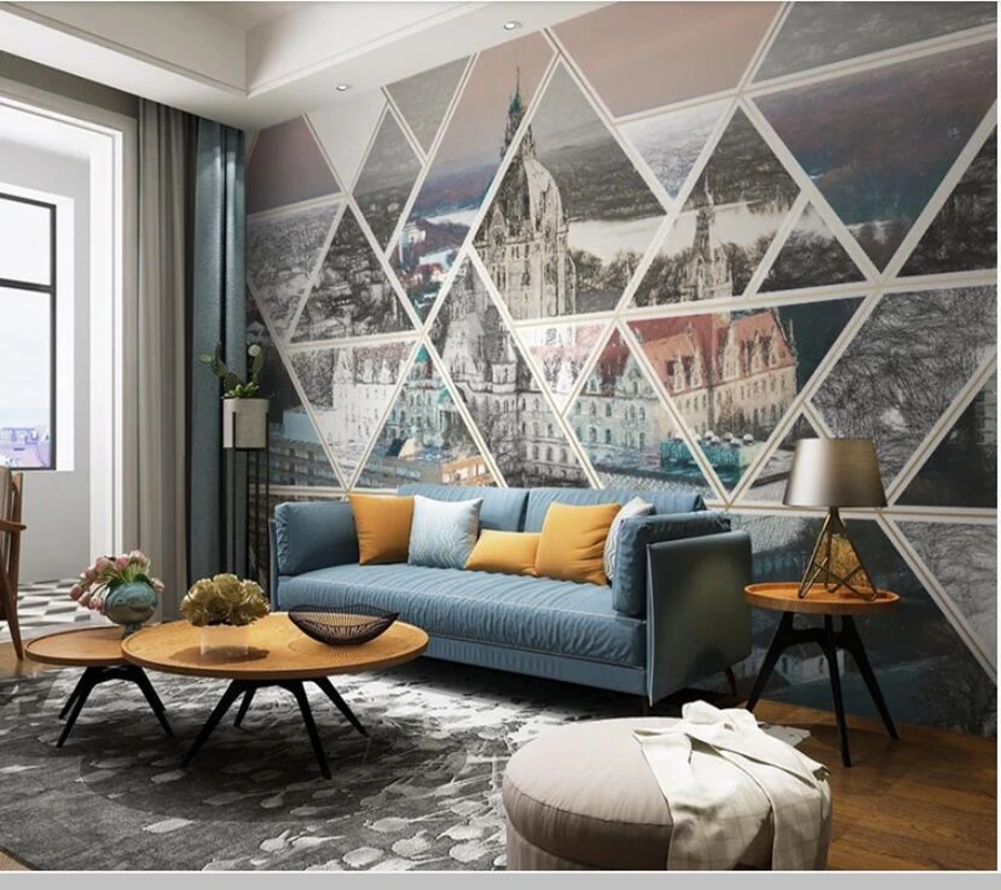 3D обои ручной работы с городскими зданиями Современные Геометрические для