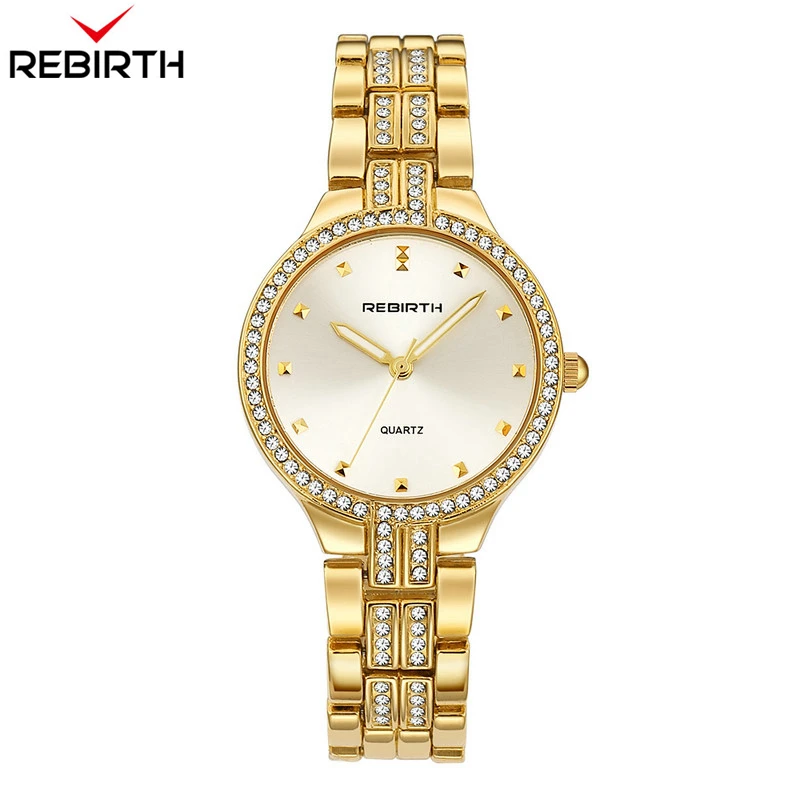 REBIRTH женские часы с браслетом Relogio Feminino кристально золотой циферблат мода Montre Femme