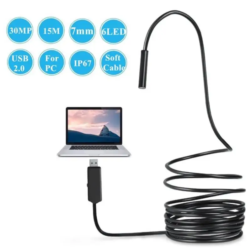 Водонепроницаемый Бороскоп USB 7 мм 2 15 м IP67 6 светодиодный 30 МП Трубная камера