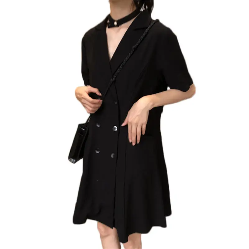 Летнее французское винтажное женское черное платье повседневный свободный