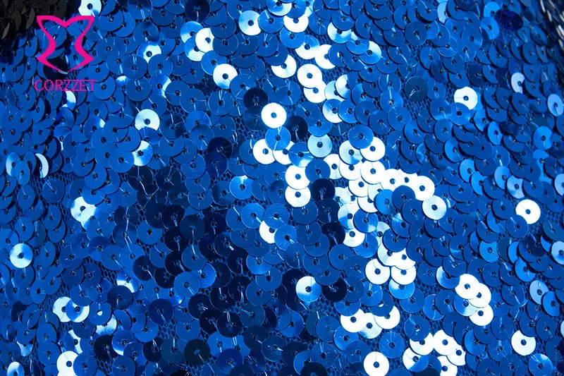 Женское вечернее мини платье контрастных цветов с блестками без бретелек синего