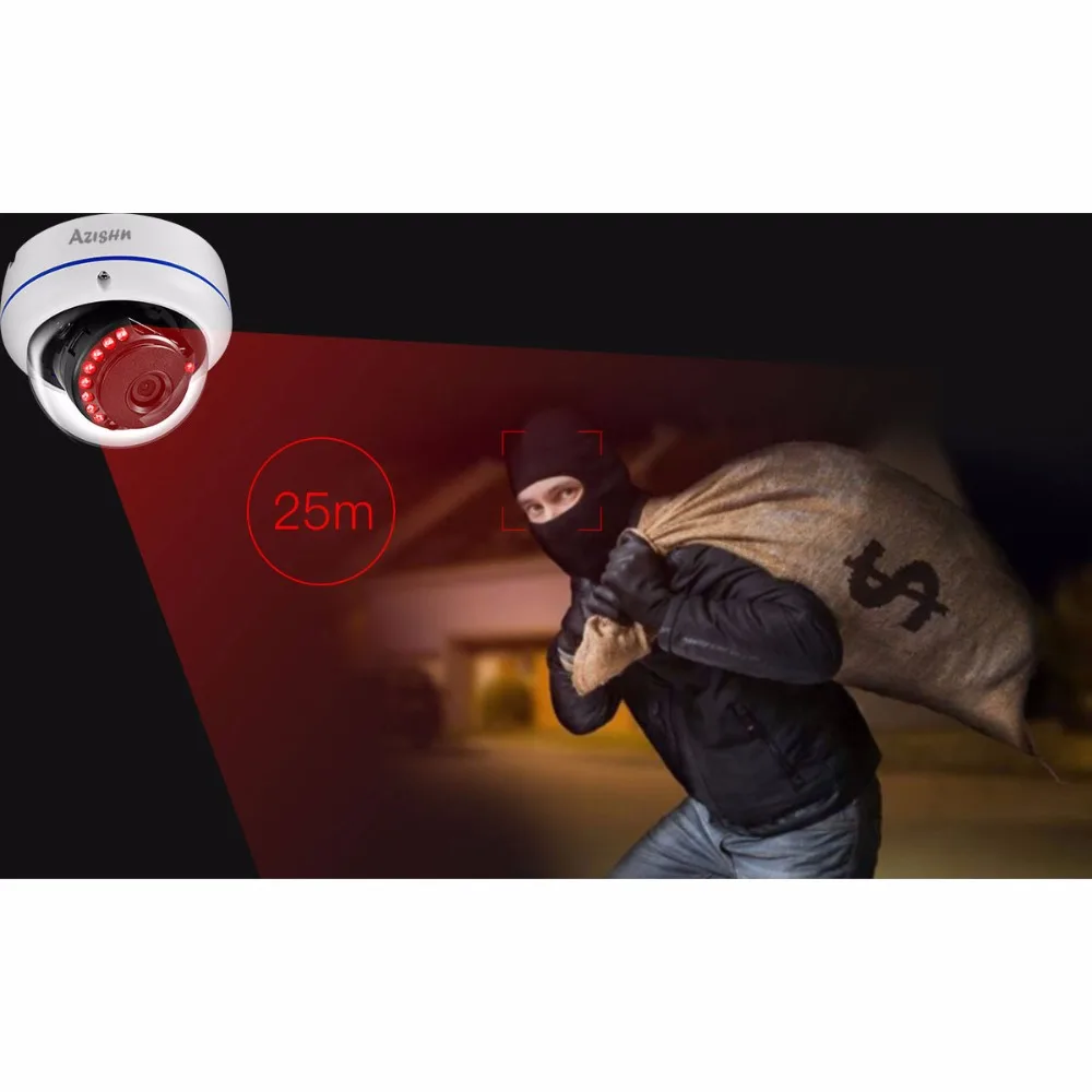 AZISHN 48V POE IP Camera 1080P 2.0MP Vandalproof Audio Record Onvif Motion Detect RTSP Metal Outdoor Surveillance Dome CCTV Cam |