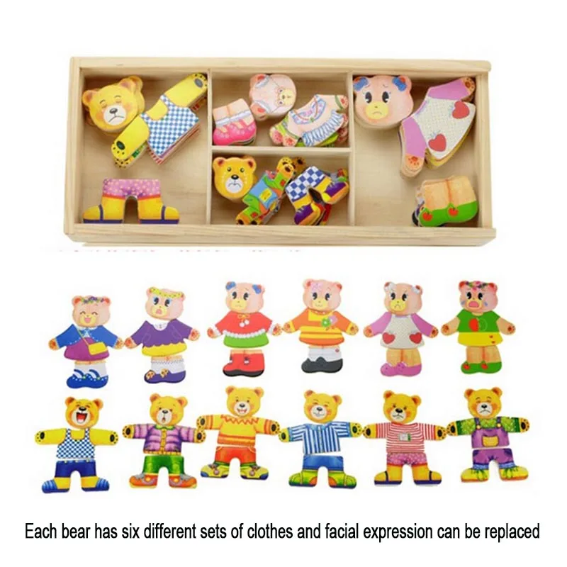 DIY деревянный медведь семья одевая головоломки развивающая игрушка для детей