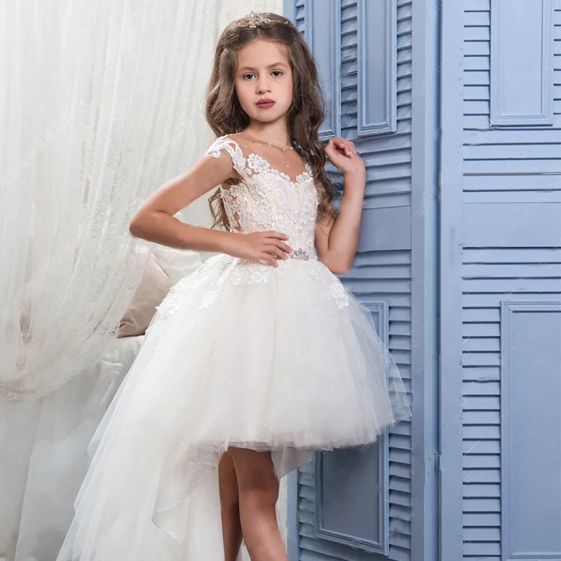Toddler flower girl ball gown dress white party elegant evening tutu with tail ceremony wedding 1st birthday | Детская одежда и