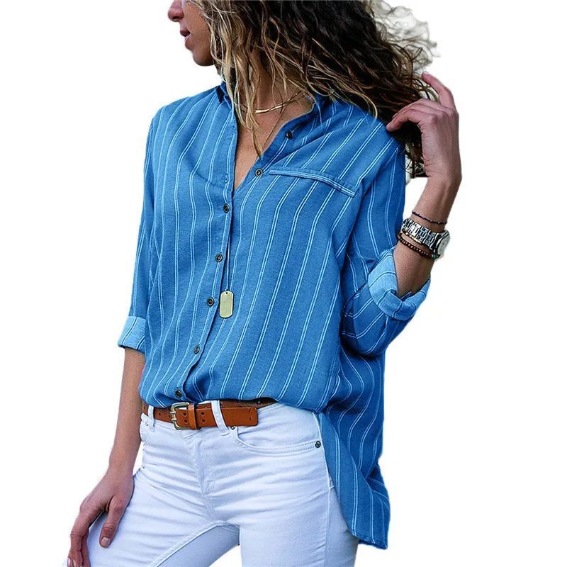 

2019 Summer Fall Women Blouses Striped Button Women Tops And Blouses Casual Long Sleeve Blouse Office Ladies Shirt Plus Size 3XL