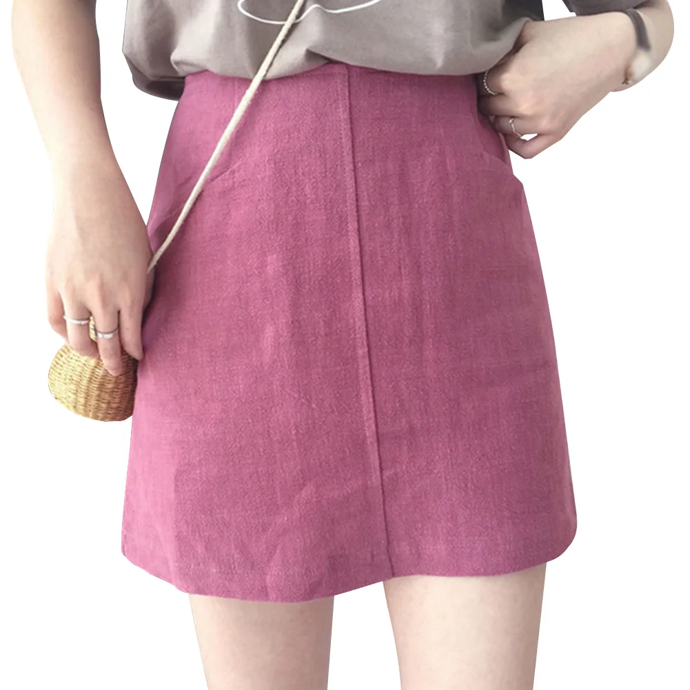 Для женщин летние однотонные Цвет Tight хлопчатобумажная льняная юбка модные