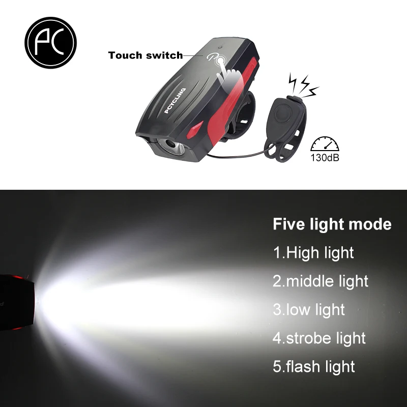 PCycling Bike Light T6 Led with 130 db Bells Front 5 Modes Touch Switch Flashlight Waterproof Headlight MTB Cycling | Спорт и