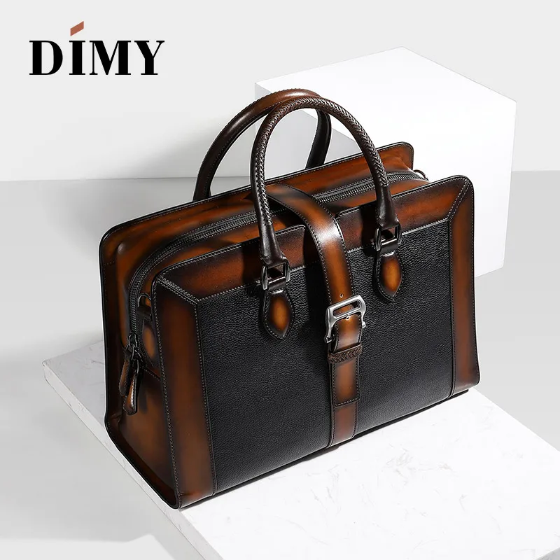 DIMY Italian Cow Leather Handbags Designer Business Briefcases For Men Shoulder Bags Large Capacity Vintage Patchwork Zipper Bag