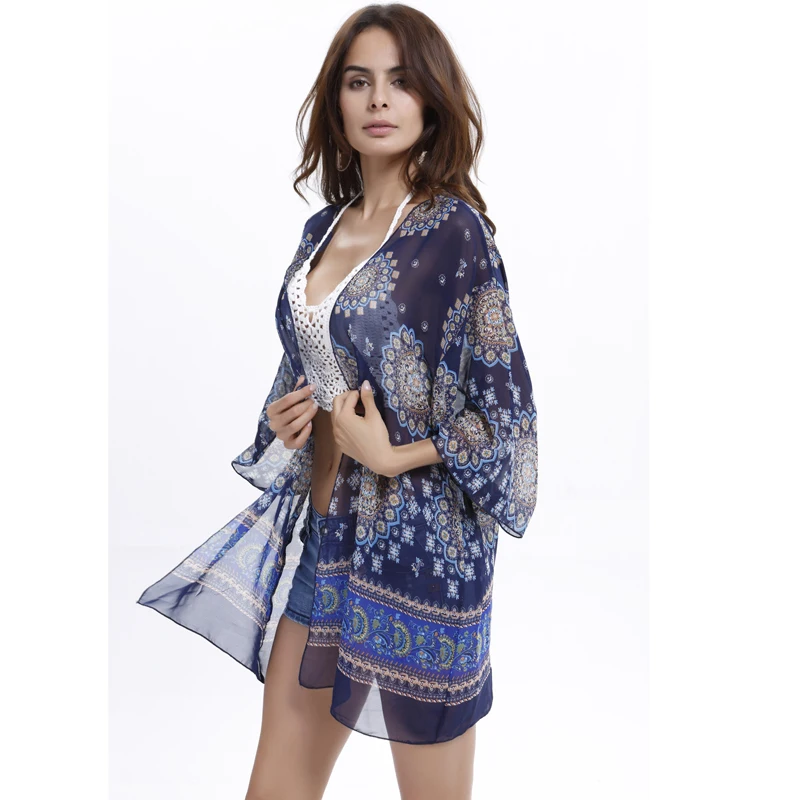 Женские блузки в стиле бохо кимоно кардиган с цветочным принтом Повседневная