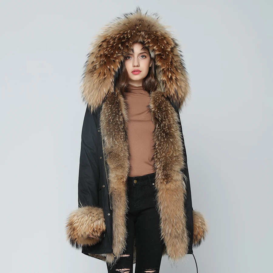 OFTBUY длинная парка зимняя куртка женская парка пальто из натурального меха енота капюшон Подкладка из натурального кроличьего меха Роскошная уличная одежда
