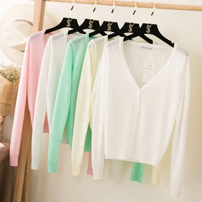 Summer Sunscree Women Cardigan Knitted Sweater Coat Thin full sleeve Sleeve Female Casual V-Neck Woman Knit Cardigans Tops |