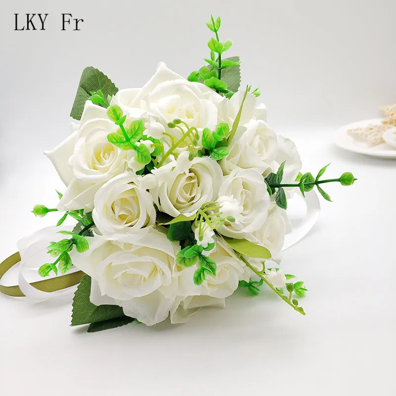 White LKY Fr Свадебный букет невесты держатель для букетов шелковые искусственные розы Белый Розовый Свадебный букет s для букет невесты Mariage - Цвет: White
