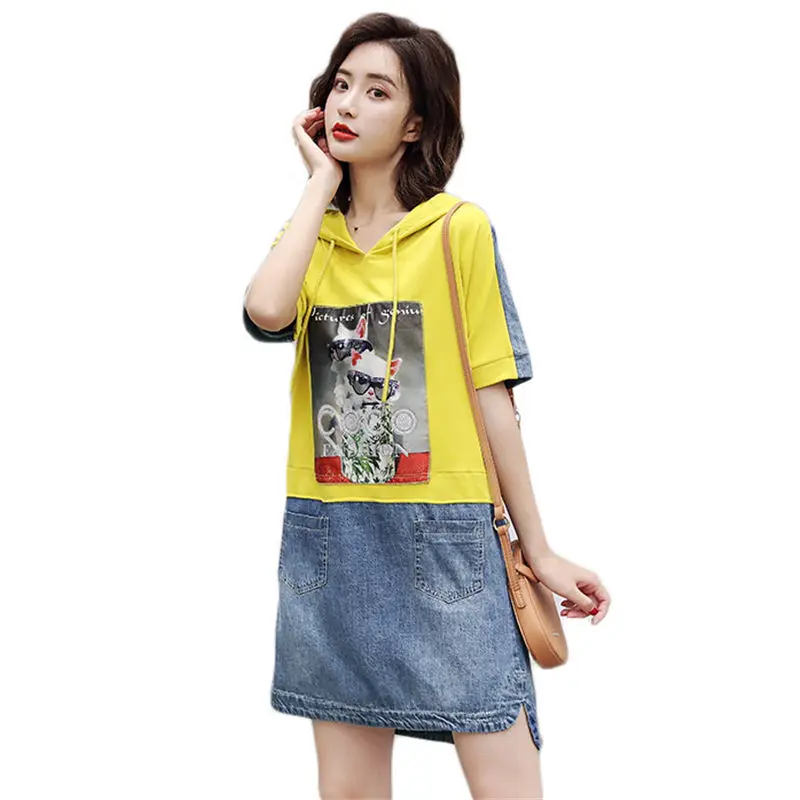 Женское джинсовое платье с капюшоном повседневное свободное мини-платье