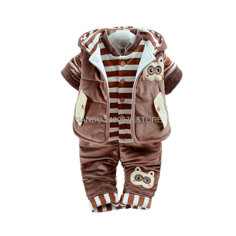 brown 3pcs Коллекция года, зимний комплект одежды для новорожденных мальчиков и девочек, фланелевая одежда с хлопковой подкладкой для малышей комплект теплой верхней одежды из 3 предметов для детей - Цвет: brown 3pcs