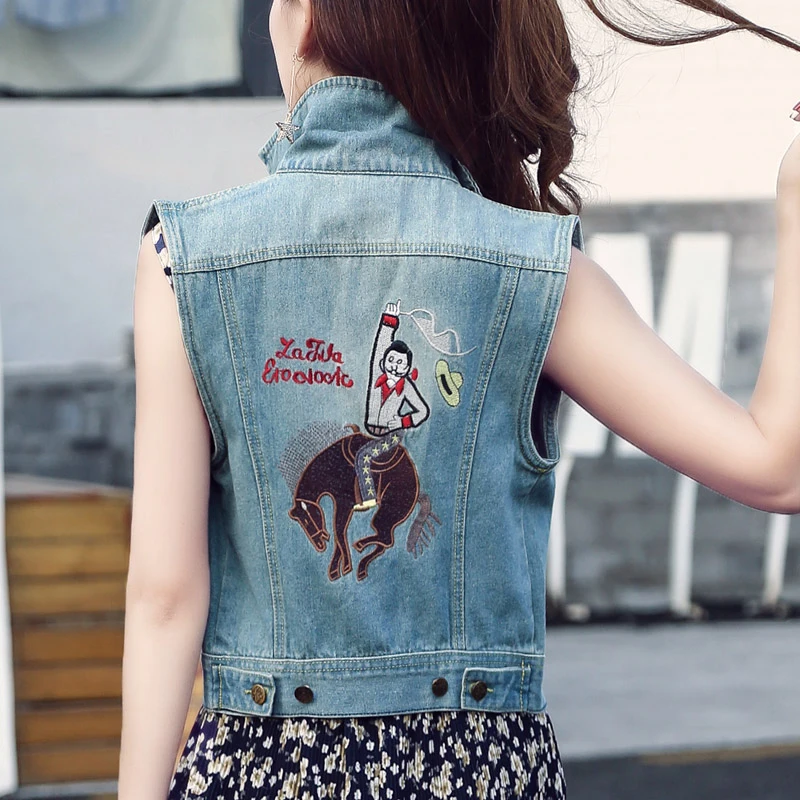 2018 New Spring Summer Women's Jackets Cotton Vest Sleeveless Denim Solid Casual Vintage Blue Embroidery Waistcoat Size S-L | Женская
