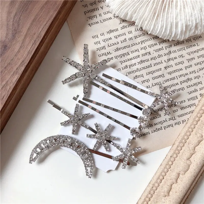 

New 1 Set Shiny Crystal Rhinestones Hairpins Star Moon Tassel Hair Clips for Women Korea Fashion Hair Accessories Drop Shipping