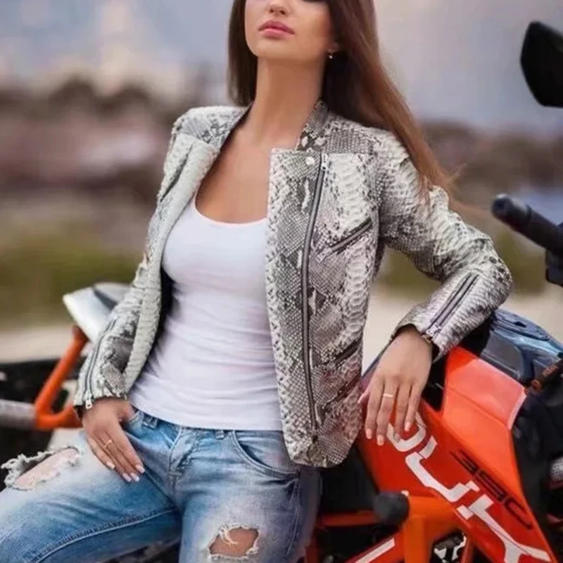 Модные женские винтажные Куртки из искусственной кожи со змеиным узором пальто