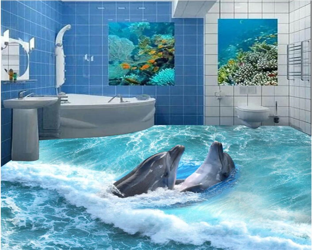 Beibehang пользовательские фото обои ПВХ наклейки Дельфин стерео ванная 3d напольные