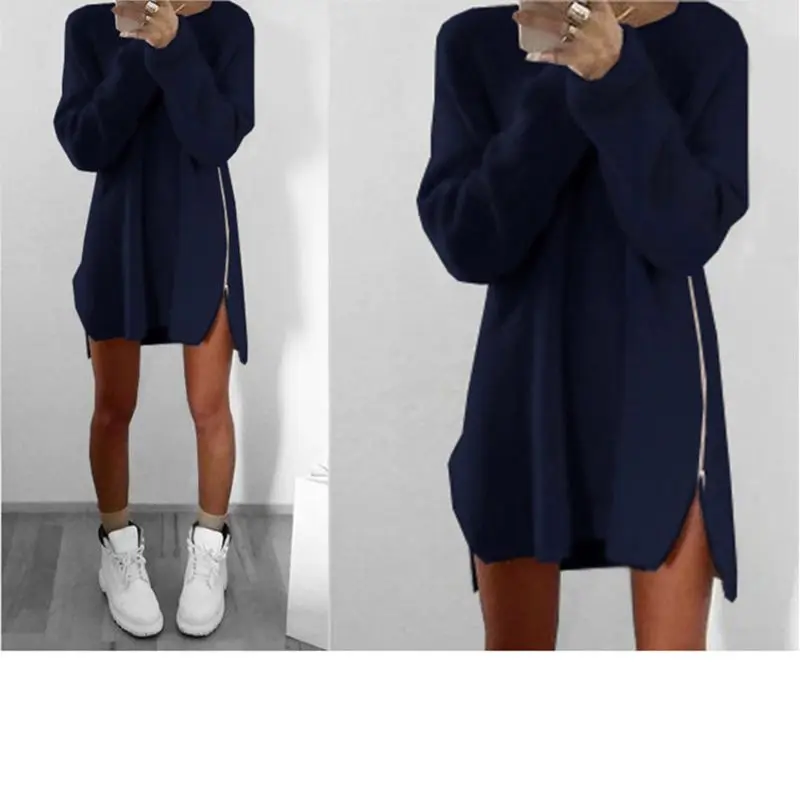 2018 Long Sleeve Sweater Dress O Neck Casual Side Zipper Irregular Hem Winter Clothes Women Loose Pullover Kardigany Damskie Wy* | Женская